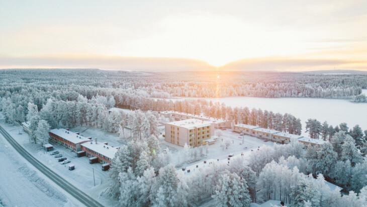 Ilmakuva talvisesta Posion keskustaajamasta