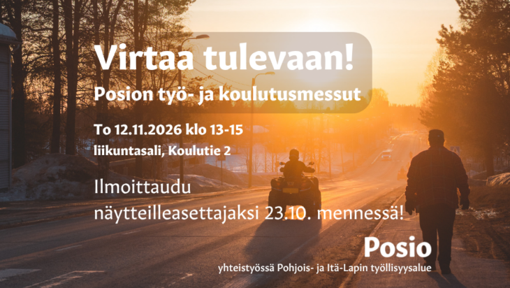 Nuori ja iäkkäämpi ihminen kulkevat kohti aurinkoa Posion kylänraitilla. Kuva on Virtaa tulevaan! -työ- ja koulutusmessujen mainoskuva.