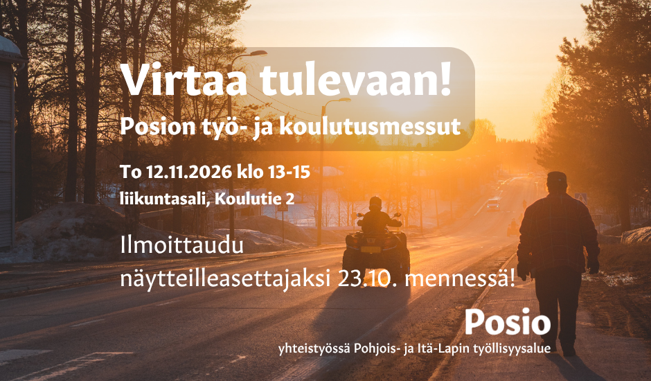 Nuori ja iäkkäämpi ihminen kulkevat kohti aurinkoa Posion kylänraitilla. Kuva on Virtaa tulevaan! -työ- ja koulutusmessujen mainoskuva.